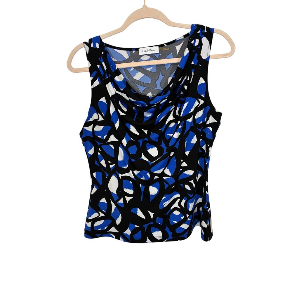Calvin Klein Sleeveless Cowl Neck Blouse Blue Black Abstract Print Size L Office